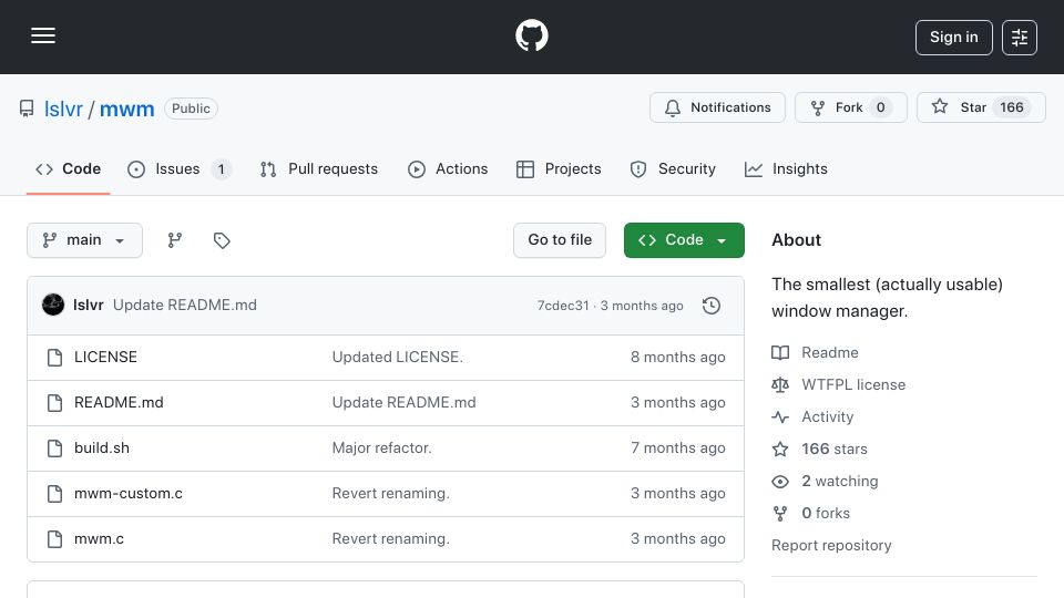 Screenshot of github.com: Mwm – The smallest usable X11 window manager
