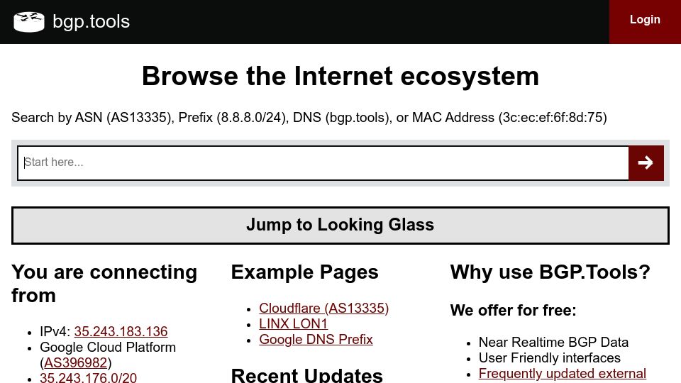 Screenshot of bgp.tools: BGP.Tools: Browse the Internet Ecosystem
