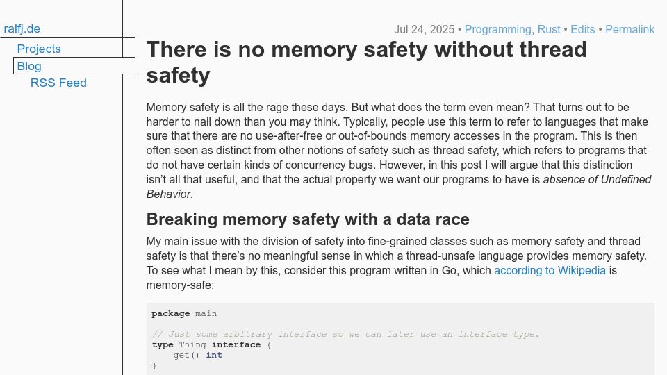 Screenshot of ralfj.de: There is no memory safety without thread safety