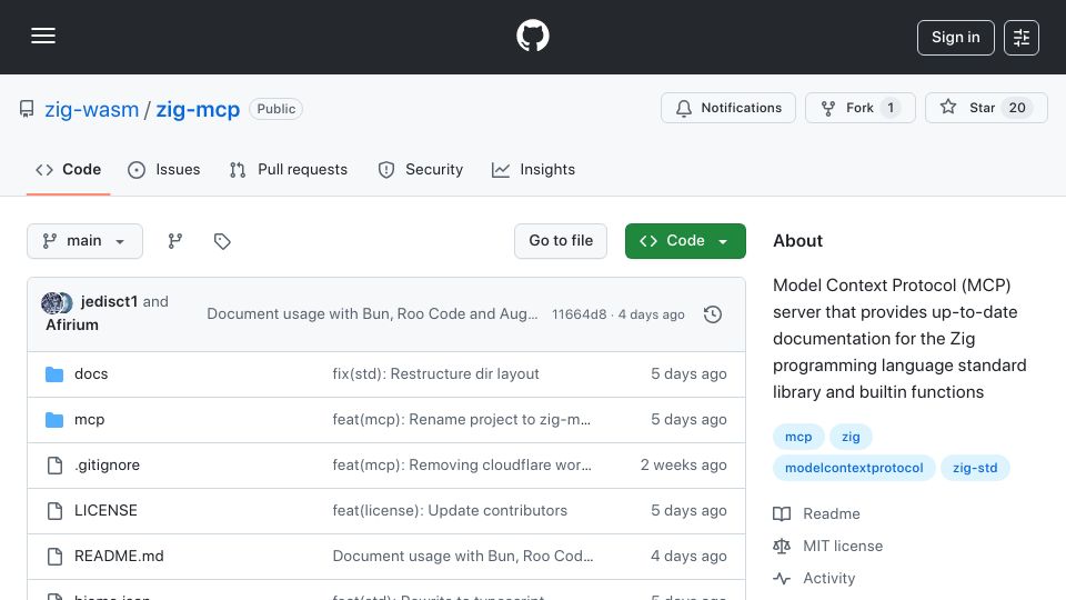 Screenshot of github.com: Show HN: MCP server for up-to-date Zig standard library documentation