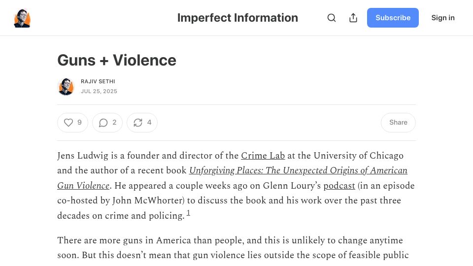 Screenshot of rajivsethi.substack.com: Guns and Violence