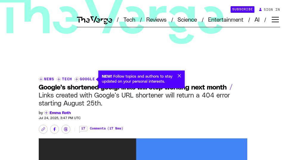 Screenshot of theverge.com: Google's shortened goo.gl links will stop working next month