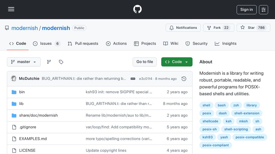Screenshot of github.com: Modernish – A library for writing programs for POSIX-based shells and utilities