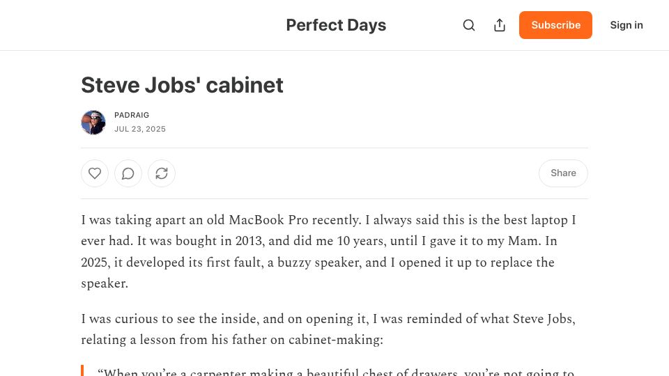 Screenshot of perfectdays23.substack.com: Steve Jobs' cabinet