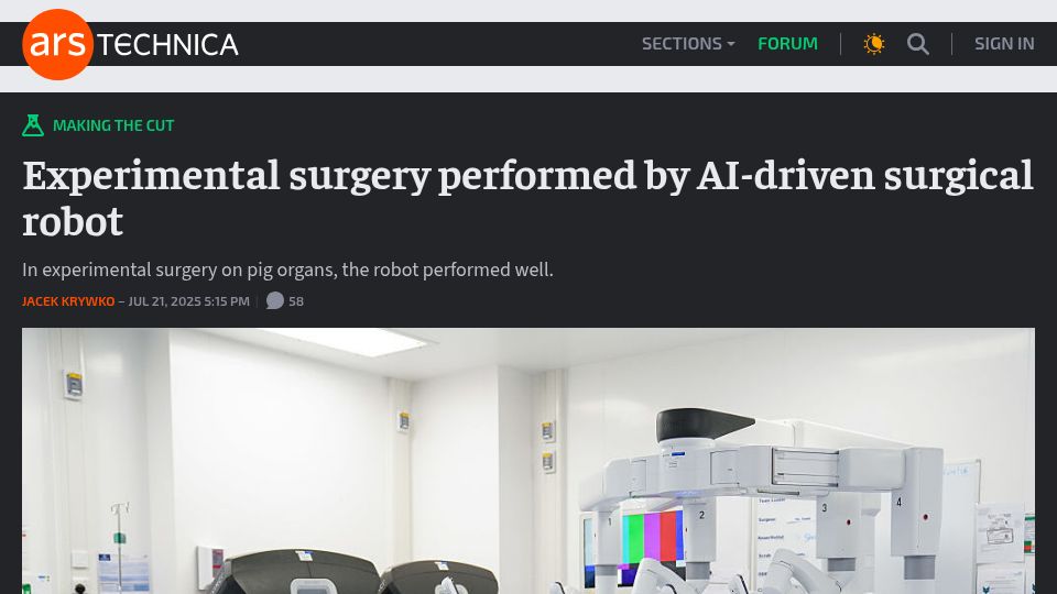 Screenshot of arstechnica.com: Experimental surgery performed by AI-driven surgical robot