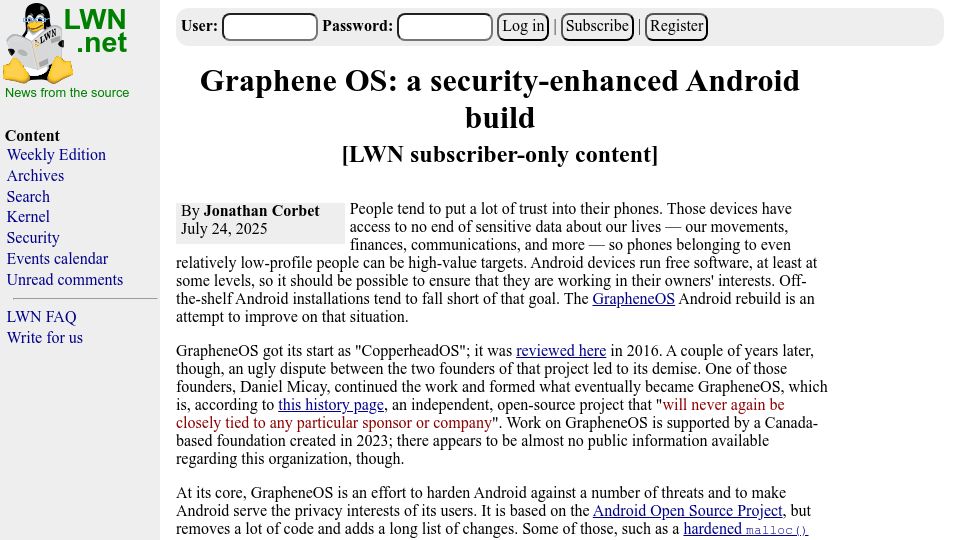Screenshot of lwn.net: Graphene OS: a security-enhanced Android build
