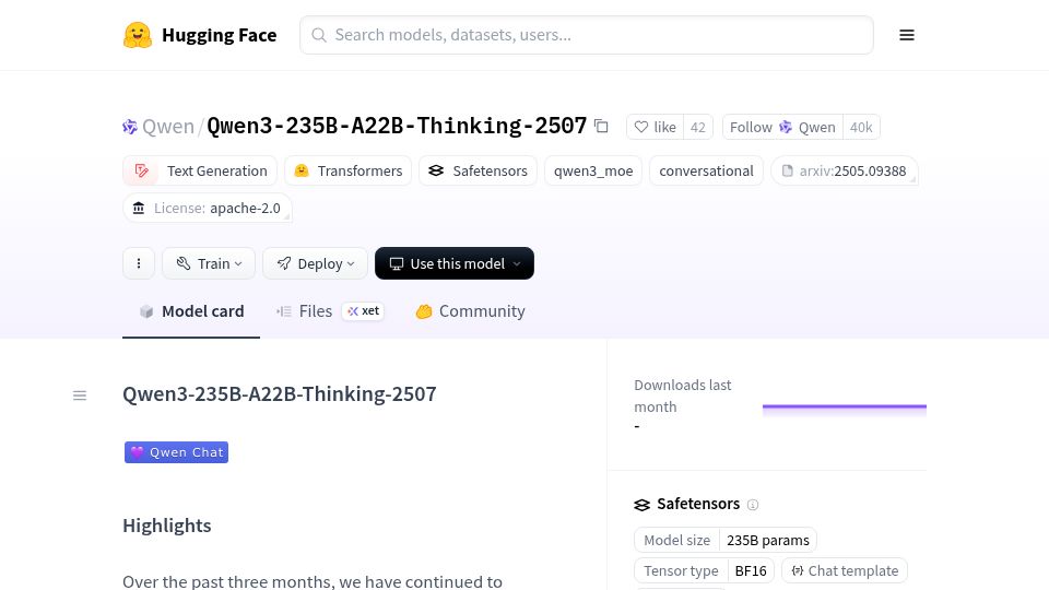 Screenshot of huggingface.co: Qwen3-235B-A22B-Thinking-2507