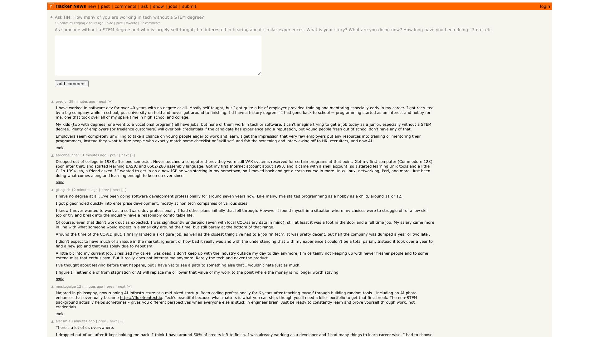 Screenshot of this Hacker News post: Ask HN: How many of you are working in tech without a STEM degree?