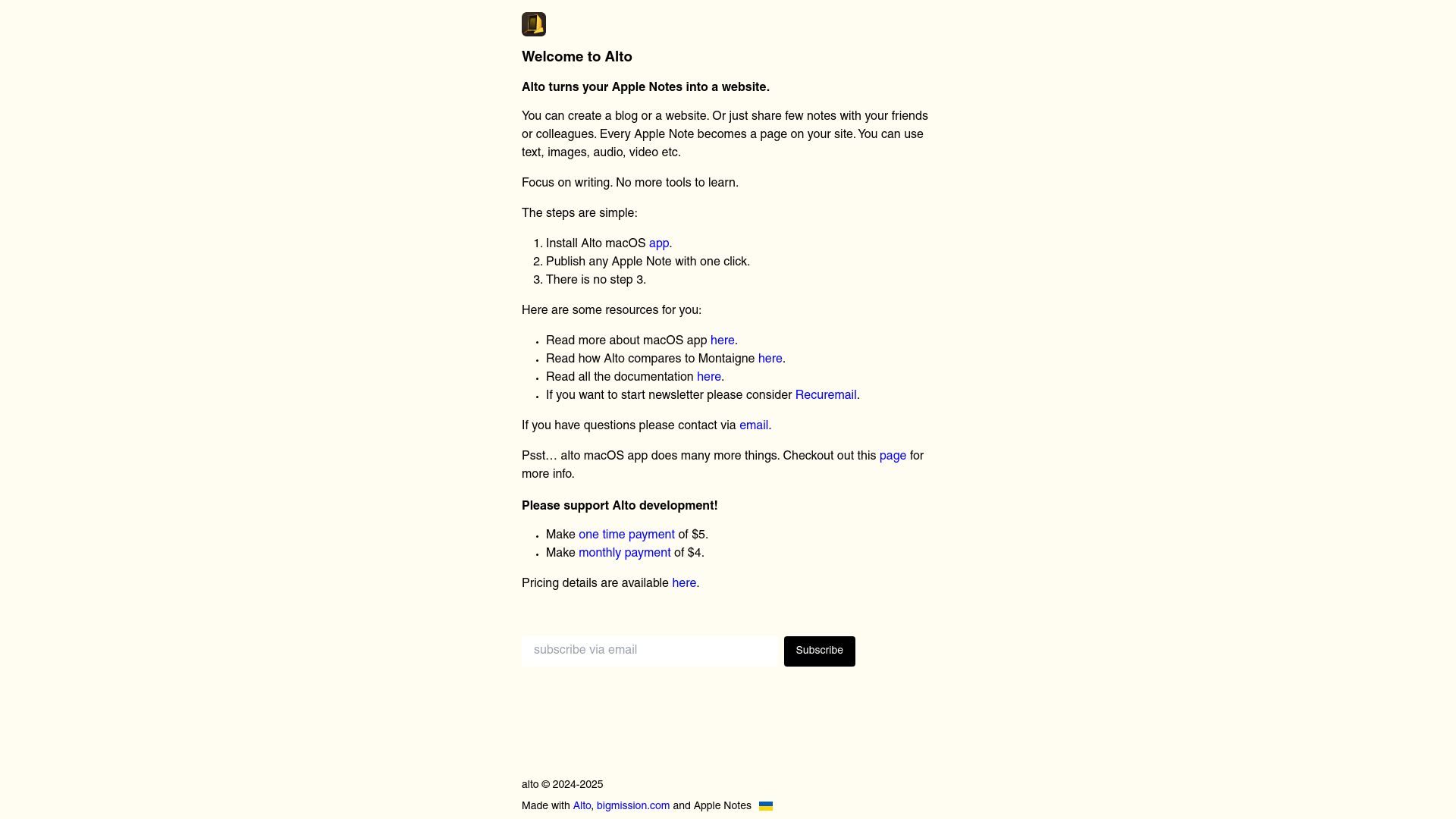 Screenshot of alto.so: Alto turns Apple Notes into a website
