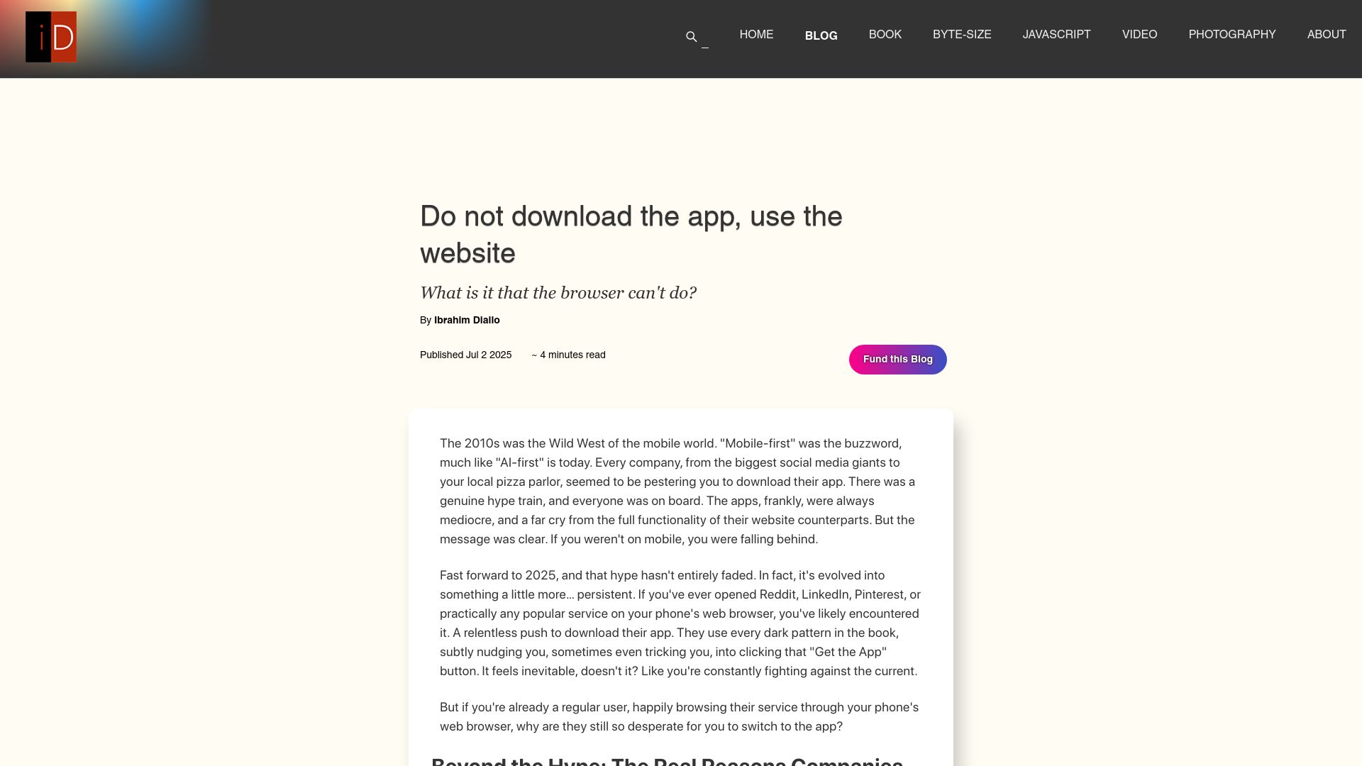 Screenshot of idiallo.com: Do not download the app, use the website