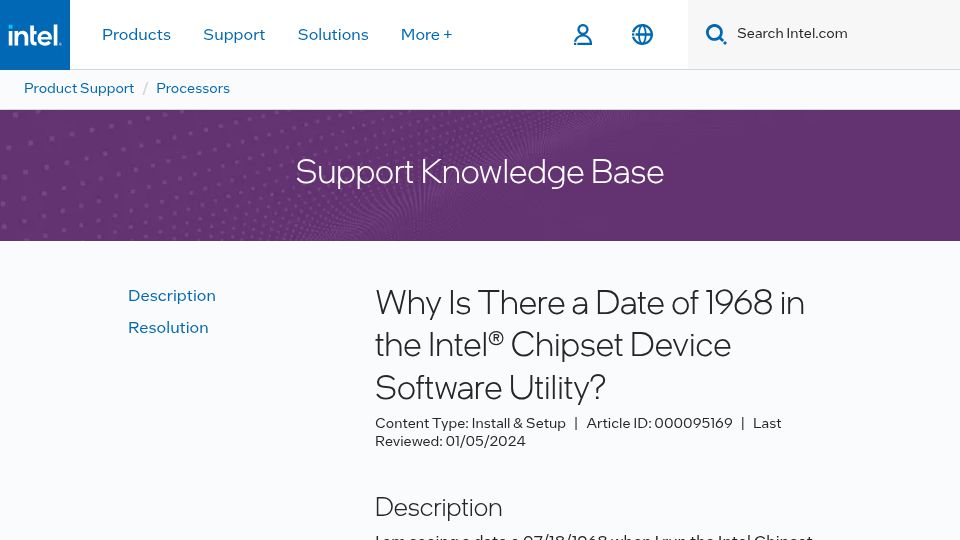 Screenshot of intel.com: Why is there a date of 1968 in the Intel Chipset Device Software Utility?