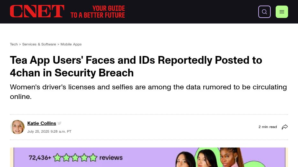 Screenshot of cnet.com: Tea App Users' Faces and IDs Reportedly Posted to 4chan in Security Breach