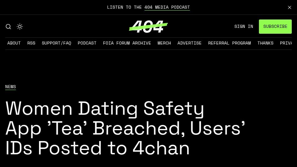 Screenshot of 404media.co: Women dating safety app 'Tea' breached, users' IDs posted to 4chan