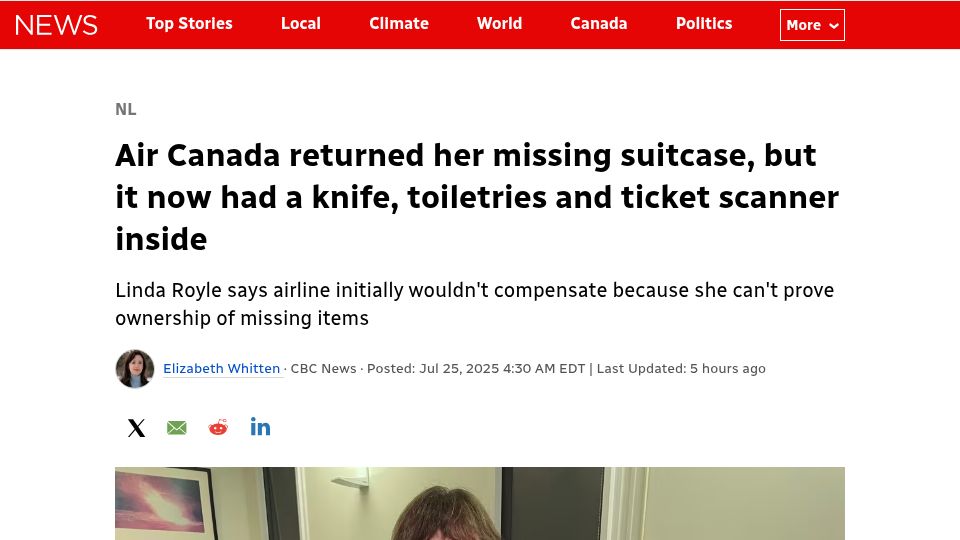 Screenshot of cbc.ca: Air Canada returned lost bag, it now had knife,toiletries, ticket scanner inside