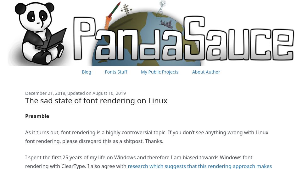 Screenshot of pandasauce.org: The sad state of font rendering on Linux (2018)