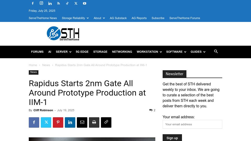Screenshot of servethehome.com: Rapidus Starts 2nm Gate All Around Prototype Production at IIM-1