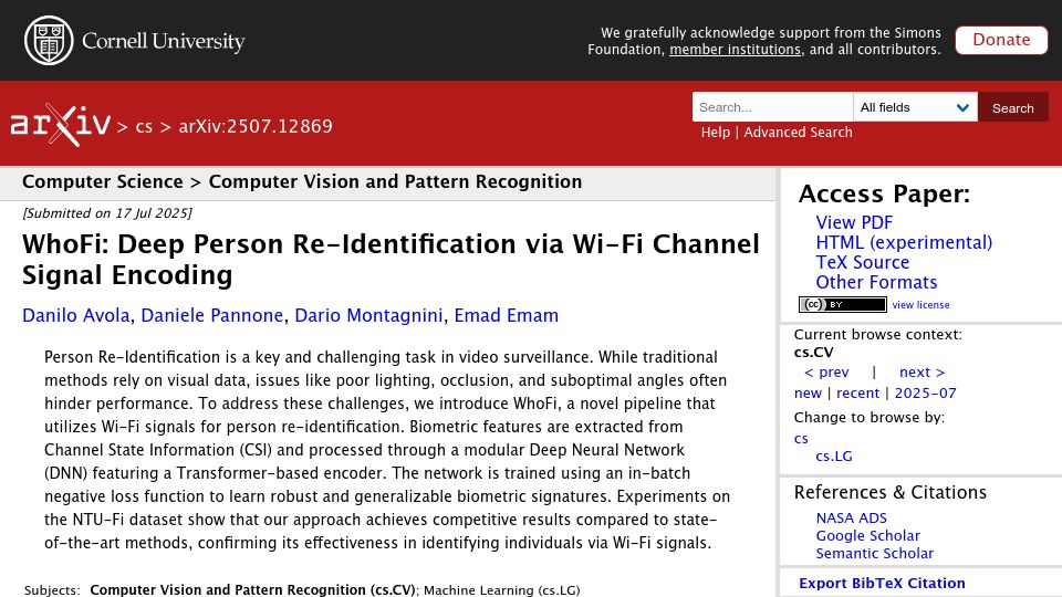 Screenshot of arxiv.org: WhoFi: Deep Person Re-Identification via Wi-Fi Channel Signal Encoding