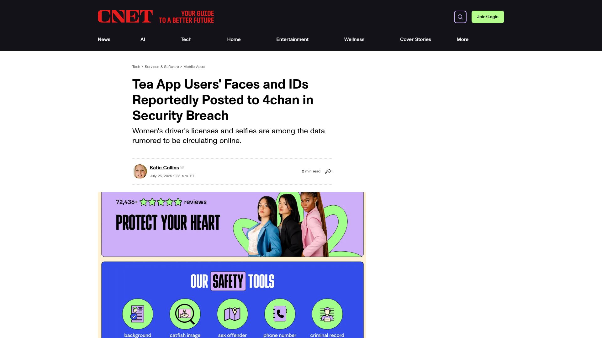 Screenshot of cnet.com: Tea App Users' Faces and IDs Reportedly Posted to 4chan in Security Breach