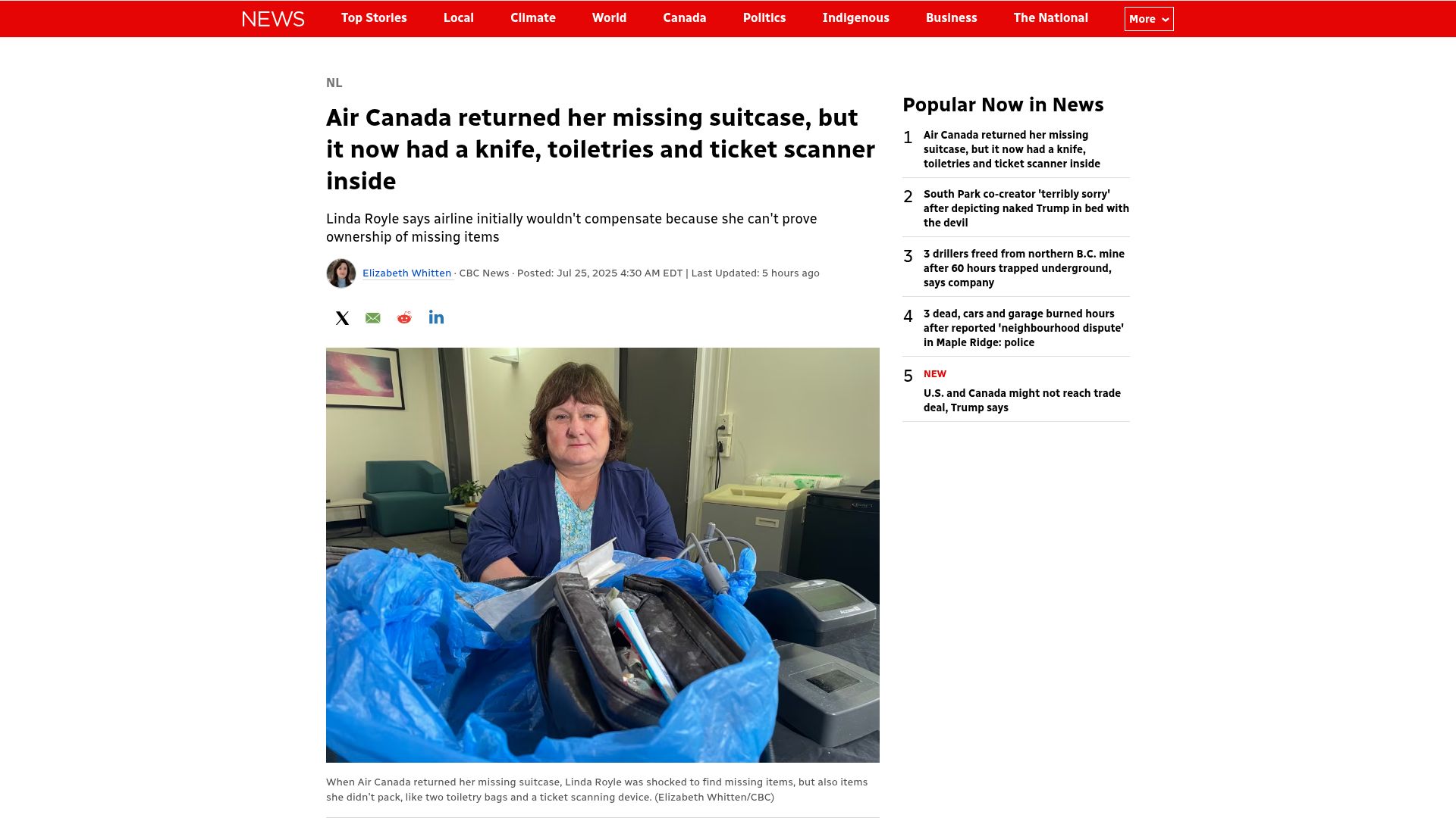 Screenshot of cbc.ca: Air Canada returned lost bag, it now had knife,toiletries, ticket scanner inside
