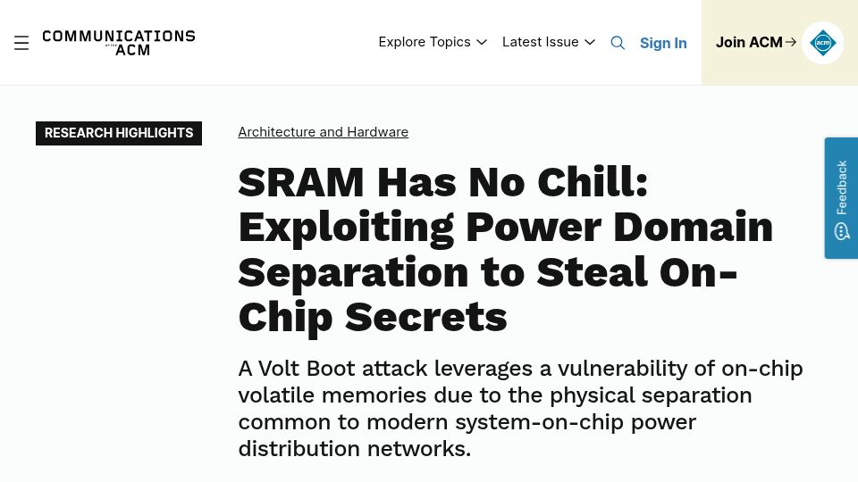 Screenshot of cacm.acm.org: SRAM Has No Chill: Exploiting Power Domain Separation to Steal On-Chip Secrets