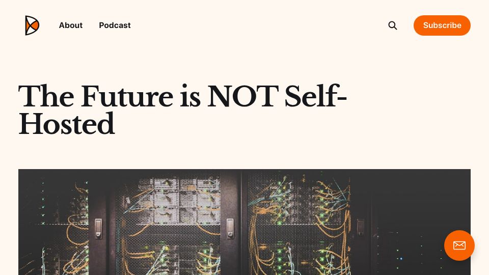 Screenshot of drewlyton.com: The future is not self-hosted