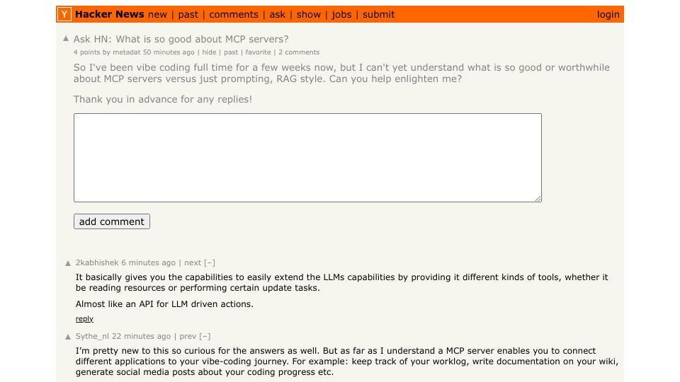 Screenshot of Hacker News post: Ask HN: What is so good about MCP servers?