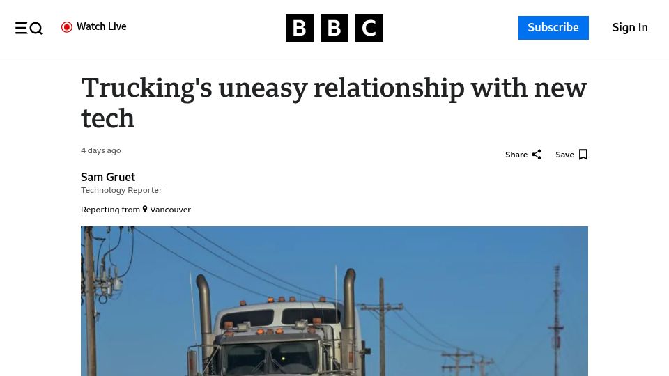 Screenshot of bbc.com: Trucking's uneasy relationship with new tech