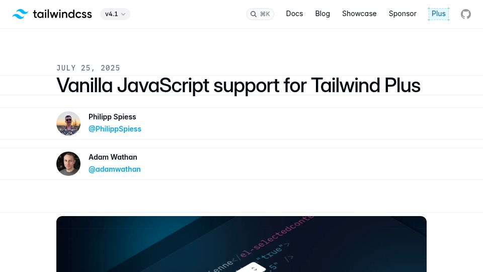 Screenshot of tailwindcss.com: Vanilla JavaScript support for Tailwind Plus