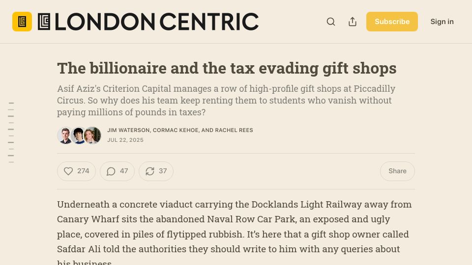 Screenshot of londoncentric.media: Asif Aziz: The billionaire and the tax evading gift shops