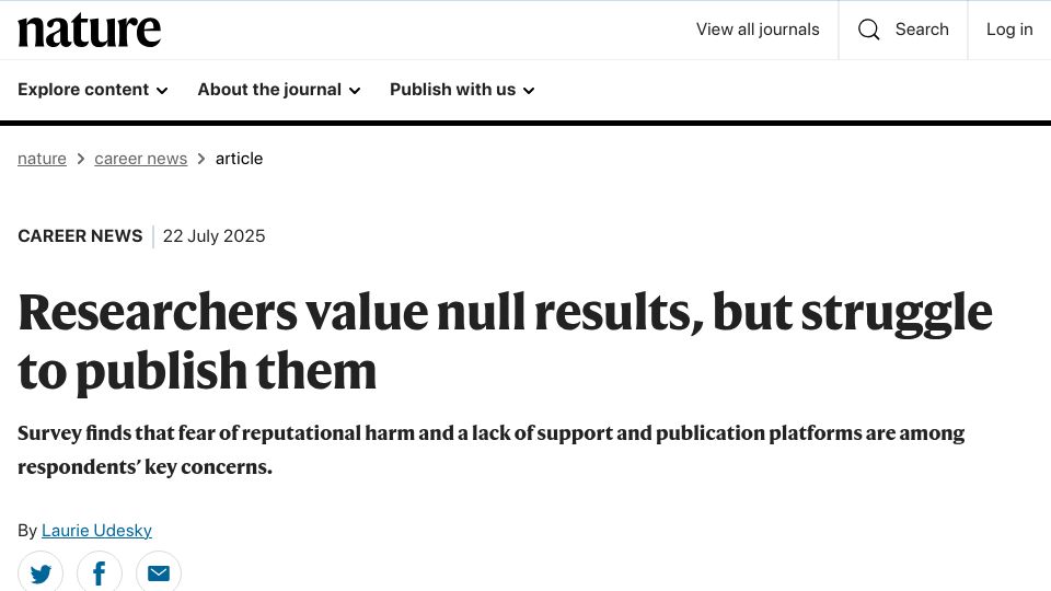 Screenshot of nature.com: Researchers value null results, but struggle to publish them