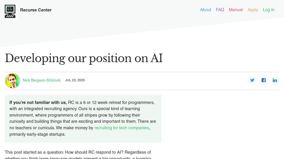 Screenshot of recurse.com: Developing our position on AI