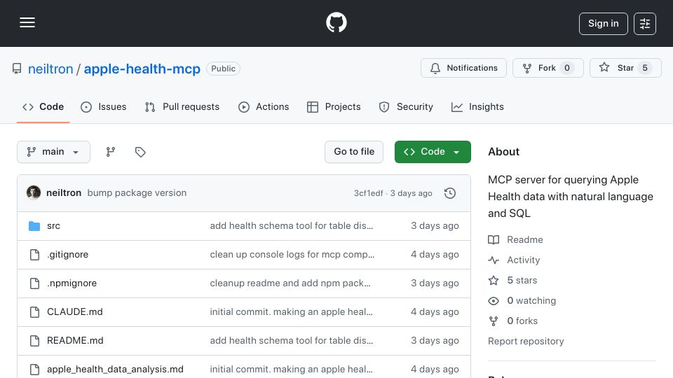 Screenshot of github.com: Show HN: Apple Health MCP Server