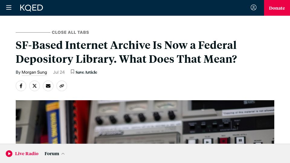 Screenshot of kqed.org: Internet Archive is now a federal depository library