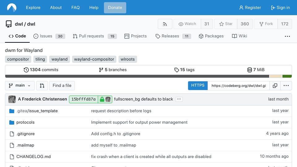 Screenshot of codeberg.org: Dwl: Dwm for Wayland