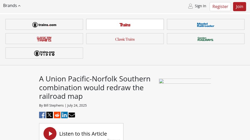 Screenshot of trains.com: A Union Pacific-Norfolk Southern combination would redraw the railroad map