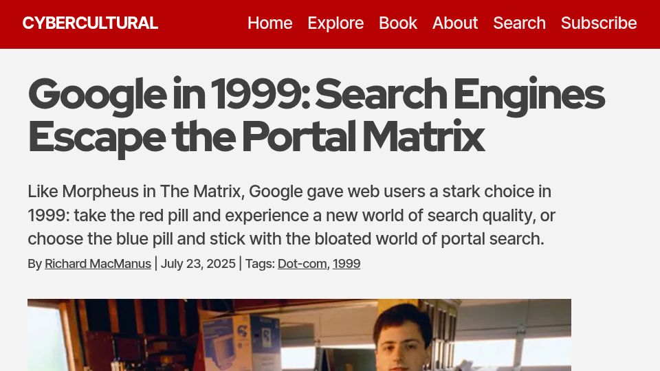 Screenshot of cybercultural.com: Google in 1999: Search engines escape the portal matrix