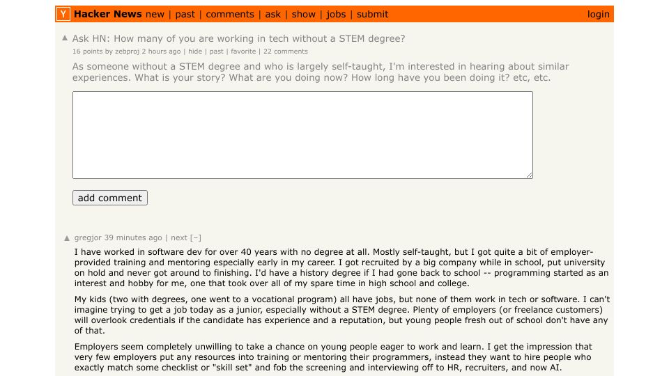 Screenshot of Hacker News post: Ask HN: How many of you are working in tech without a STEM degree?