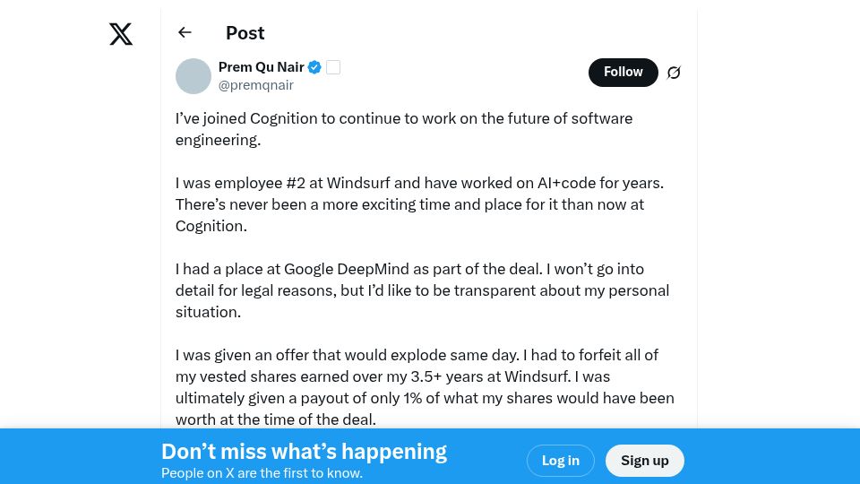 Screenshot of twitter.com: Windsurf employee #2: I was given a payout of only 1% what my shares where worth