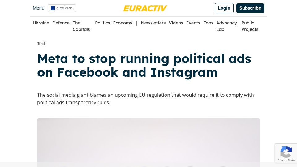 Screenshot of euractiv.com: Meta to stop running political ads on Facebook and Instagram in the EU
