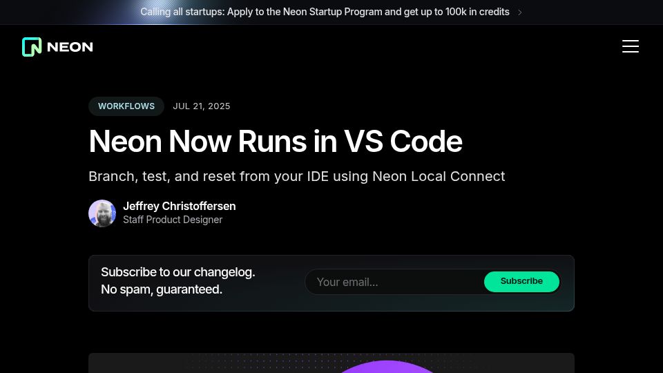 Screenshot of neon.com: Neon Now Runs in VS Code