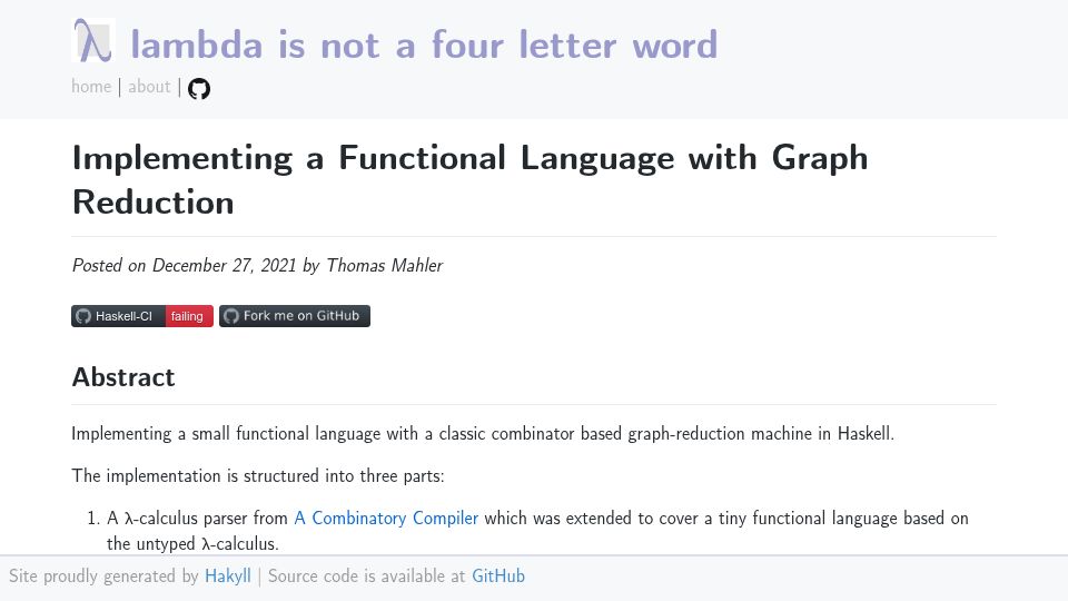 Screenshot of thma.github.io: Implementing a functional language with graph reduction (2021)