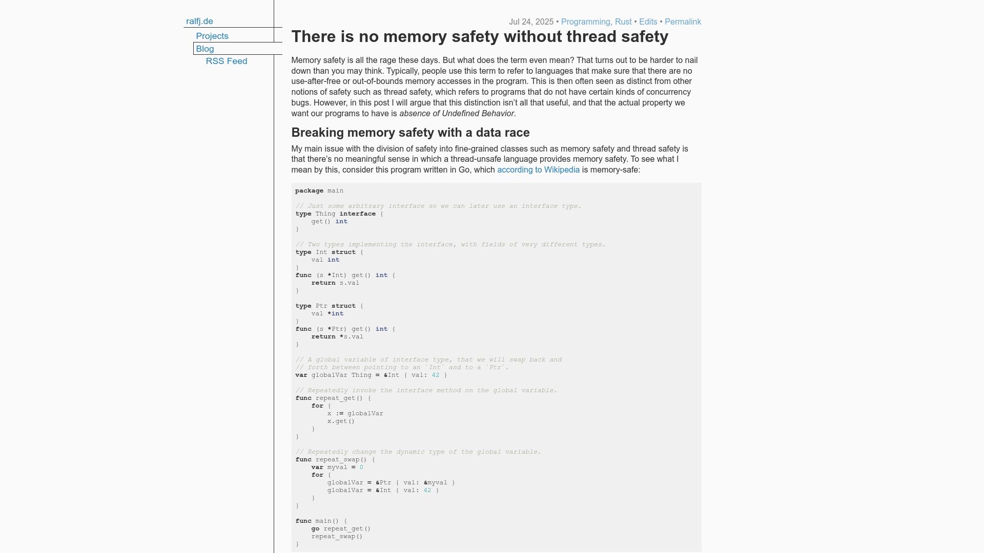 Screenshot of ralfj.de: There is no memory safety without thread safety