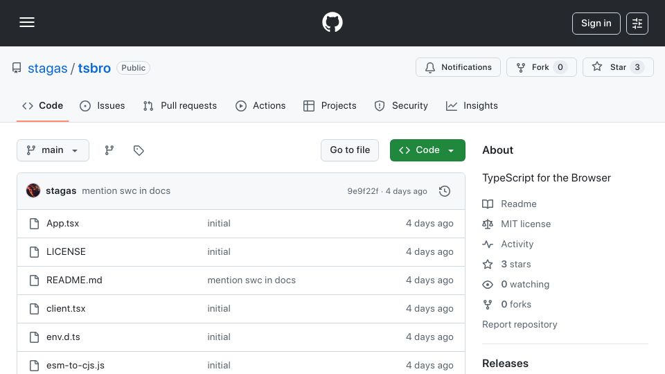 Screenshot of github.com: Show HN: Tsbro – TypeScript for the browser, no build step