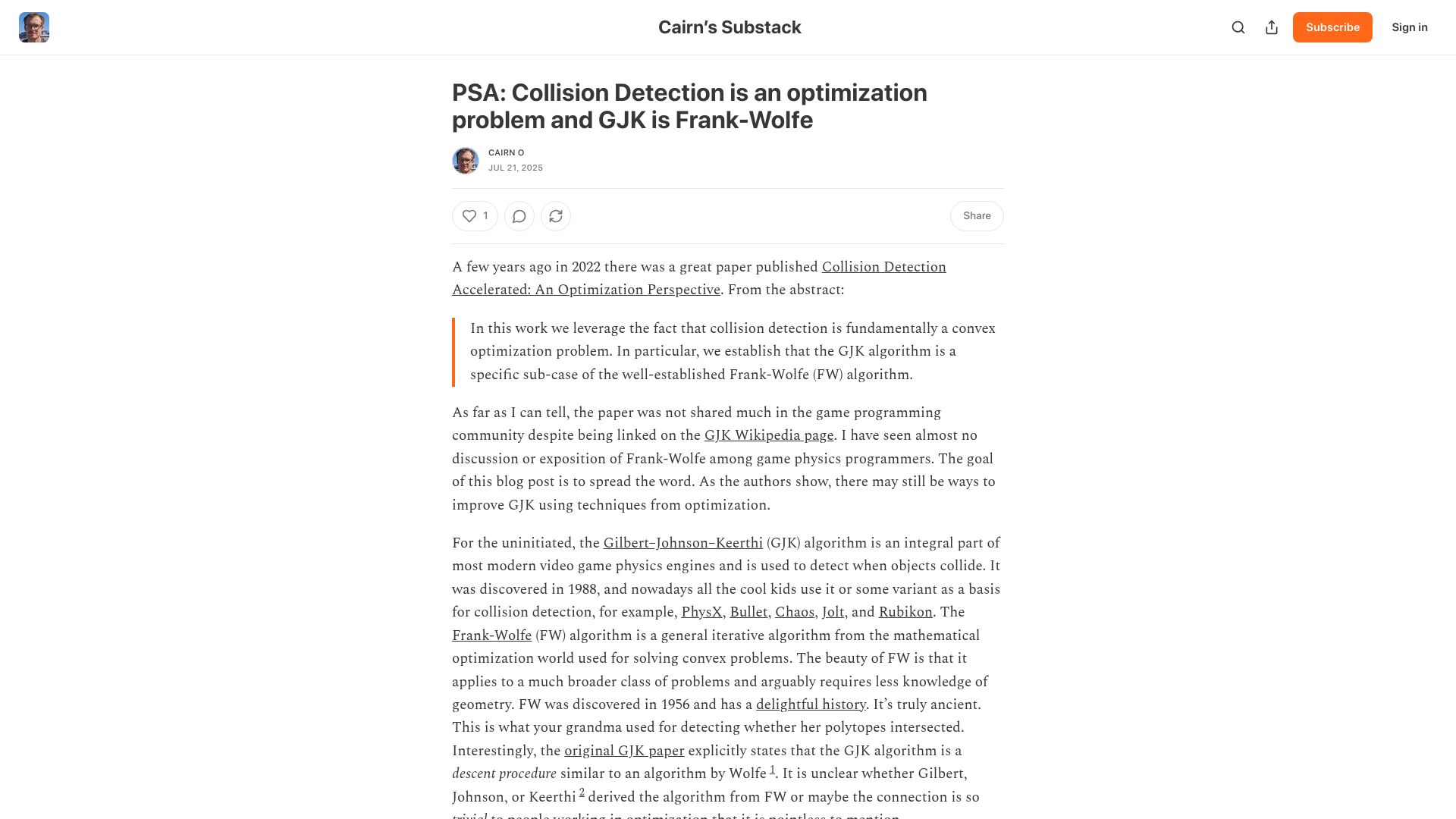 Screenshot of cairno.substack.com: PSA: Collision Detection is an optimization problem and GJK is Frank-Wolfe