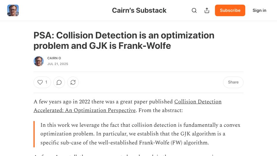 Screenshot of cairno.substack.com: PSA: Collision Detection is an optimization problem and GJK is Frank-Wolfe