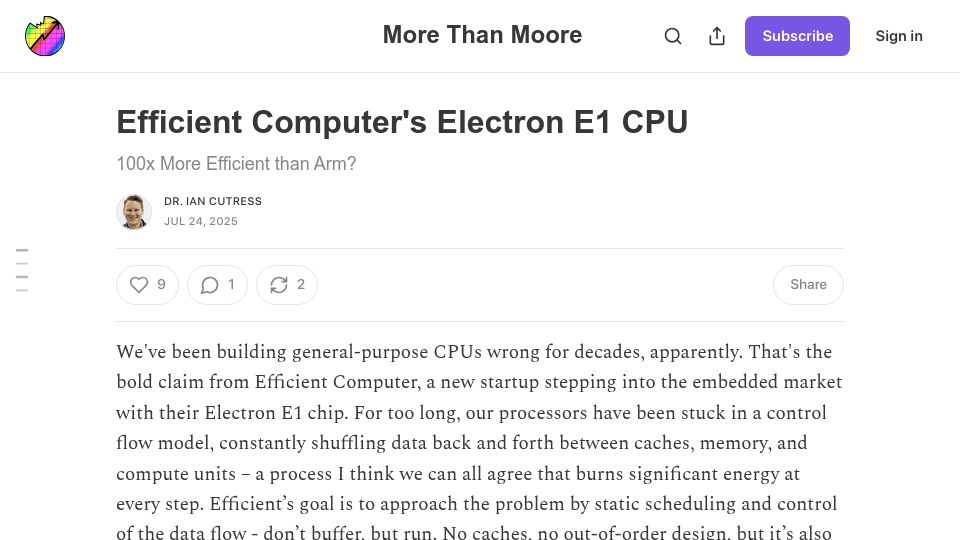 Screenshot of morethanmoore.substack.com: Efficient Computer's Electron E1 CPU – 100x more efficient than Arm?