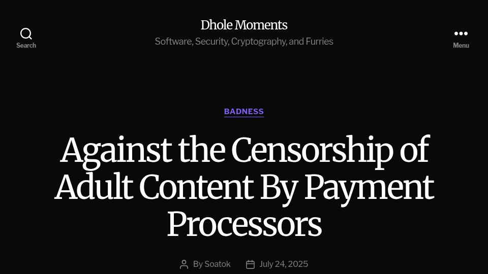 Screenshot of soatok.blog: Against the censorship of adult content by payment processors