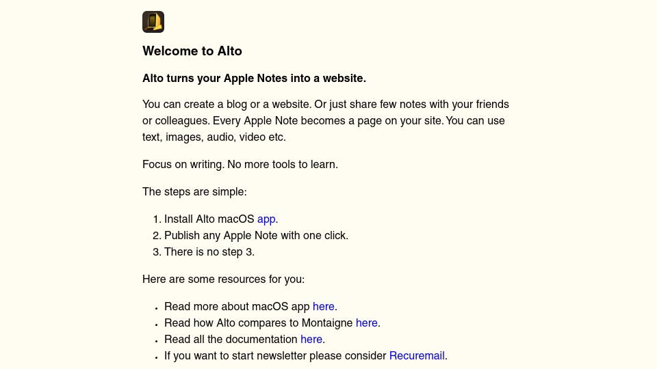 Screenshot of alto.so: Alto turns Apple Notes into a website