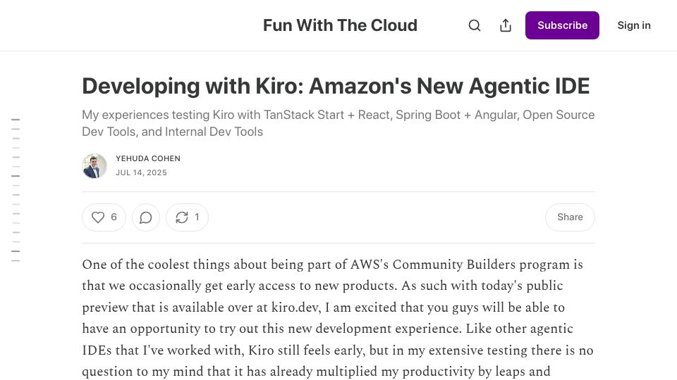Screenshot of yehudacohen.substack.com: Developing with Kiro: Amazon's New Agentic IDE
