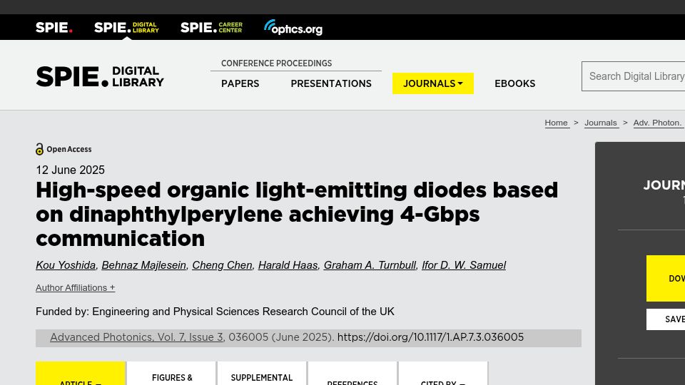 Screenshot of spiedigitallibrary.org: High-speed organic light-emitting diodes achieving 4-Gbps communication